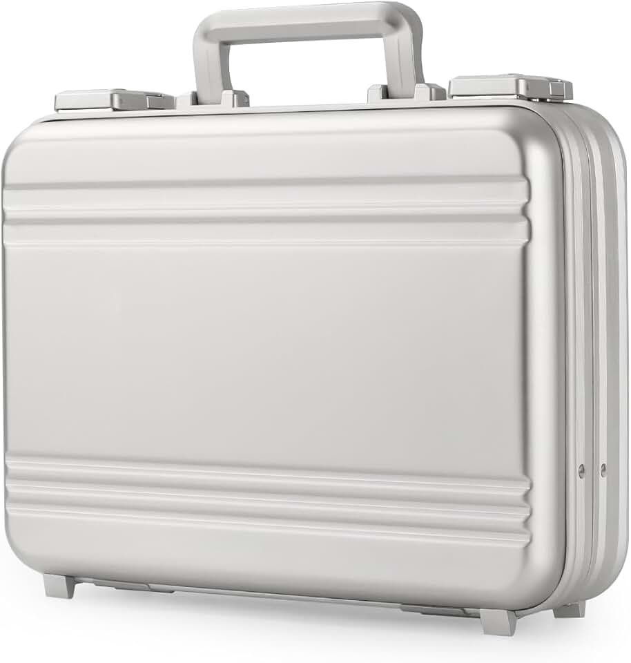 Small Aluminum Briefcase 14.5X10.6X4.5 Inch Metal Toolbox Cash Case 14 Inch Notebook Briefcase Slim for Men Silver Attache Case