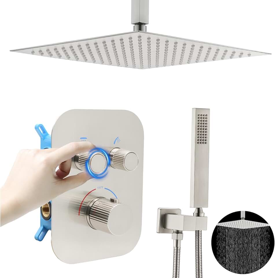 Thermostatic Shower System 16 Inch Ceiling Mount Brushed Nickel Shower System Bathroom Luxury Rain Mixer Shower Set with Handheld (All Functions Can Run Simultaneously)