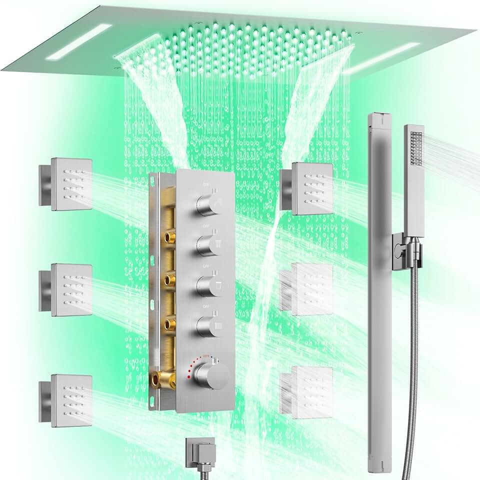 Shower System with Body Jets: EVERSTEIN Thermostatic Shower Faucet Sets with 64 Led Lights, Ceiling Dual function Shower Head with Adjustable Slide Bar Handheld Sprayer and 6 Body Jets, Brushed Nickel