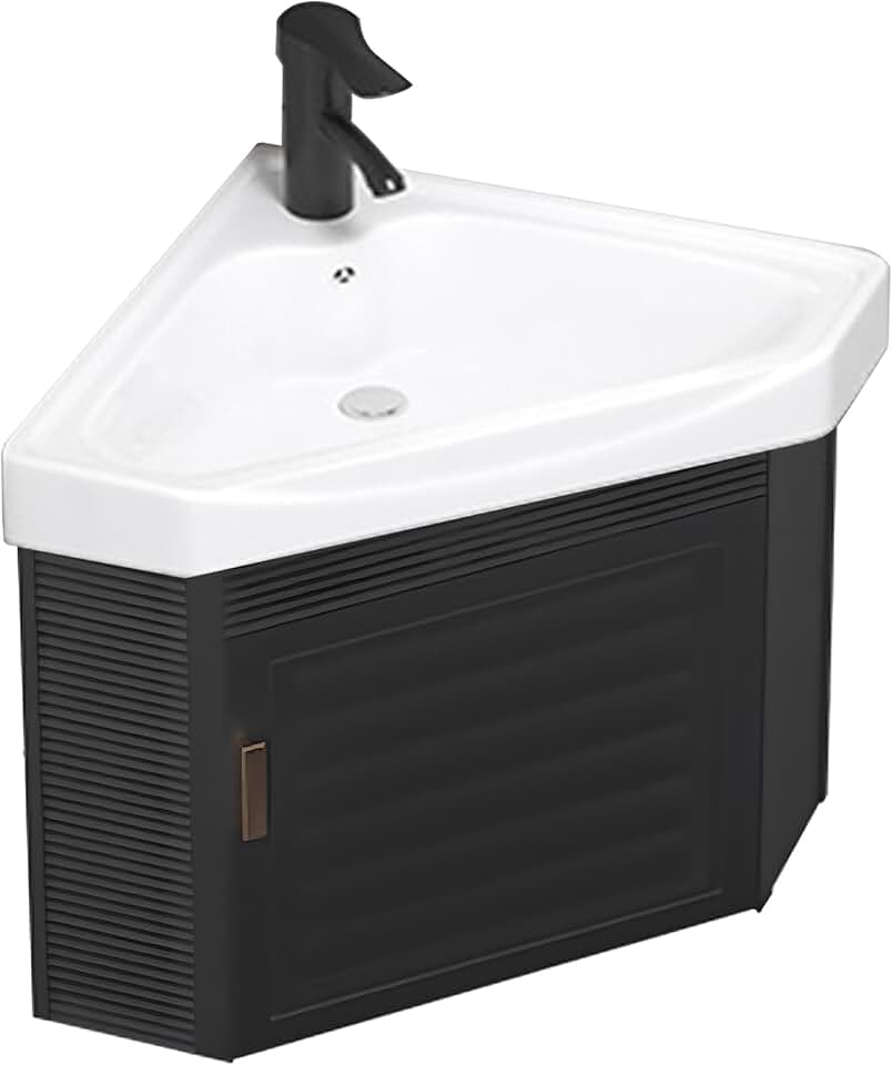 Corner Bathroom Vanity with Sink, Wall Mount Small Utility Sink with Metals Cabinet, Pedestal Sink Set with Faucet and Drain, Console Sinks (Black, 16.53in)