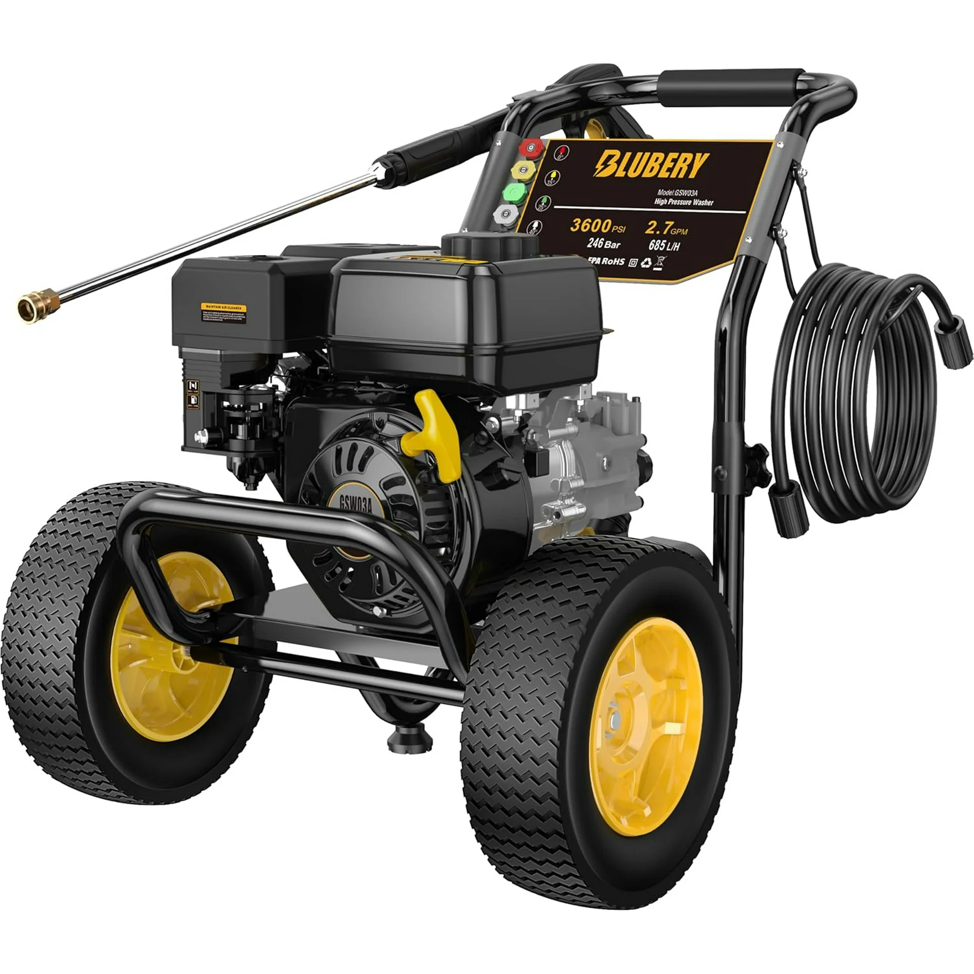 BLUBERY 3600 PSI Gas Pressure Washer, 2.7 GPM Heavy Duty Power Washer, 30 Ft Pressure Hose&Soap Tank, 5 Nozzles, EPA&CARB Compliance, 49 States,Black