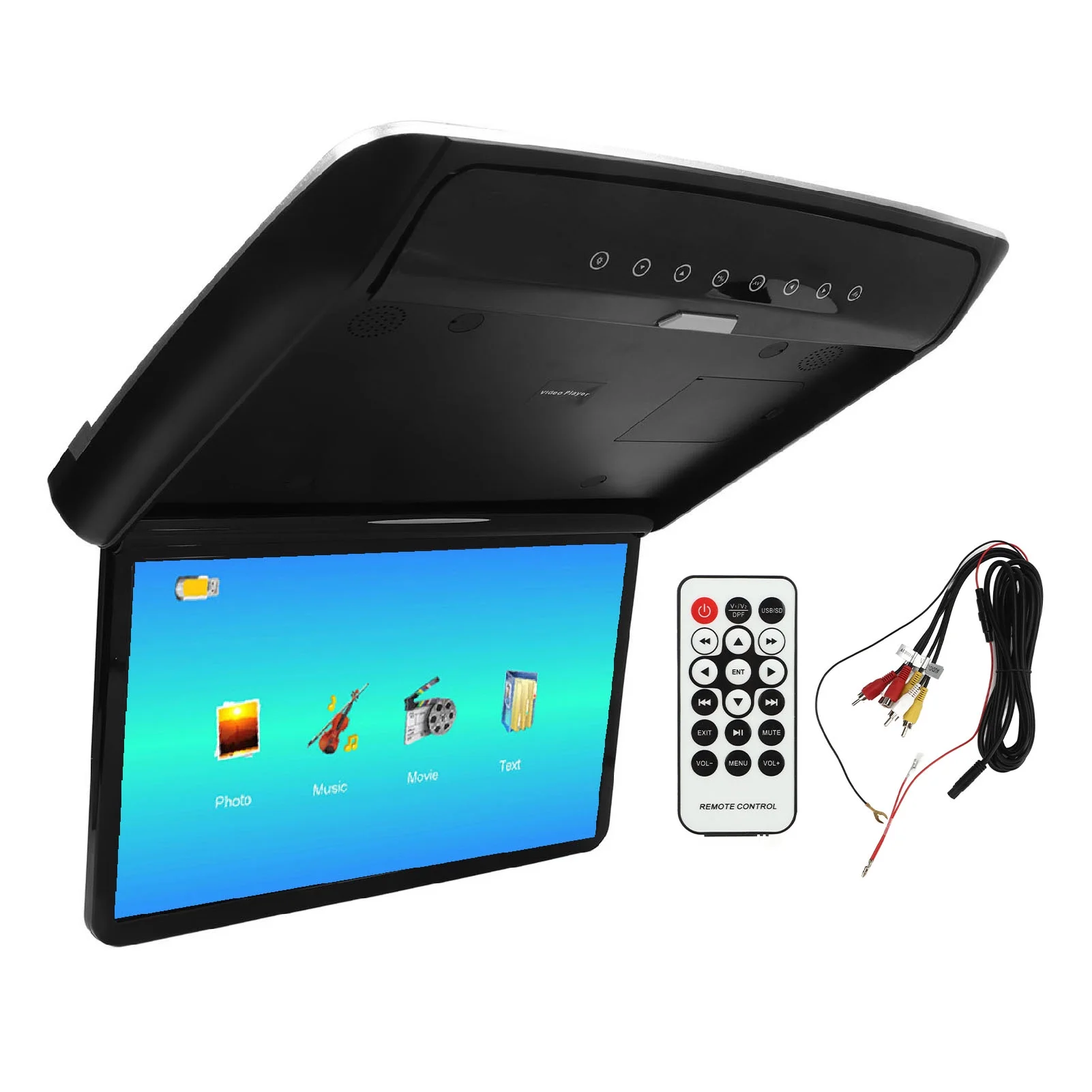 15.6in Car Overhead Roof Mounted Monitor IPS HD Screen MP5 Player Ultra Thin Flip Down Multimedia Player for Commercial Vehicle RV Black