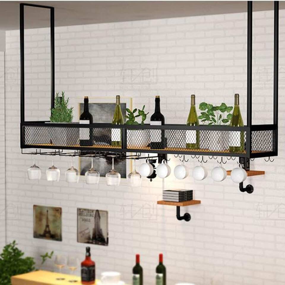 Drink Wine Dispenser Ceiling Wine Racks Vintage Wine Bottle Holder Grid Simple Style Iron Holds Any Type of Stemware Glassware Wine Glasses and Flutes Bottle Rack