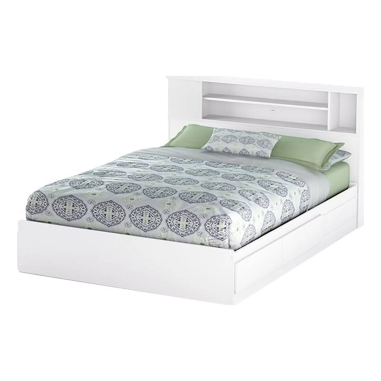 Pemberly Row Modern Wood Queen Bookcase Storage Bed in Pure White
