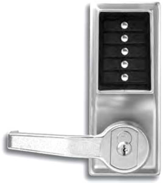 Simplex LL103126D Kaba L1000 Series Metal Mechanical Pushbutton Combination Lock with Lever, 13mm Throw Latch, Floating Face Plate, 70mm Backset, Satin Chrome Finish, Left Hand