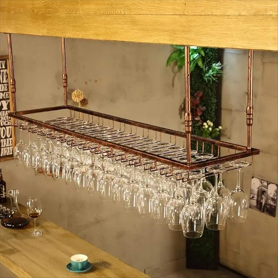 Wine Racks,Retro Shelf Wine Glass Holder Iron Art Glass Wine Rack Suspension Wine Glass Rack Champagne Glass Rack Glassware Rack,Black,90 35Cm