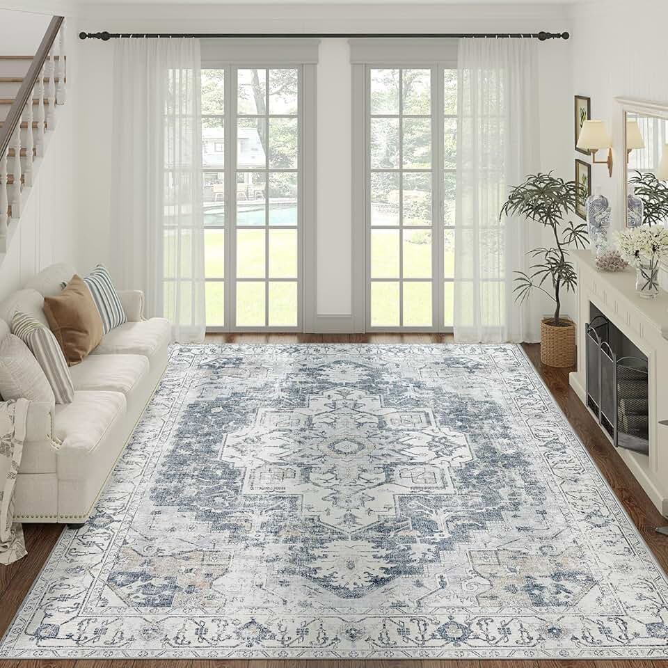 jinchan Area Rug 10x12 Washable Rug Indoor Vintage Rug Floor Cover Print Distressed Carpet Multi Thin Rug Chenille Grey Accent Rug Lightweight Non Slip Kitchen Living Room Bedroom Dining Room