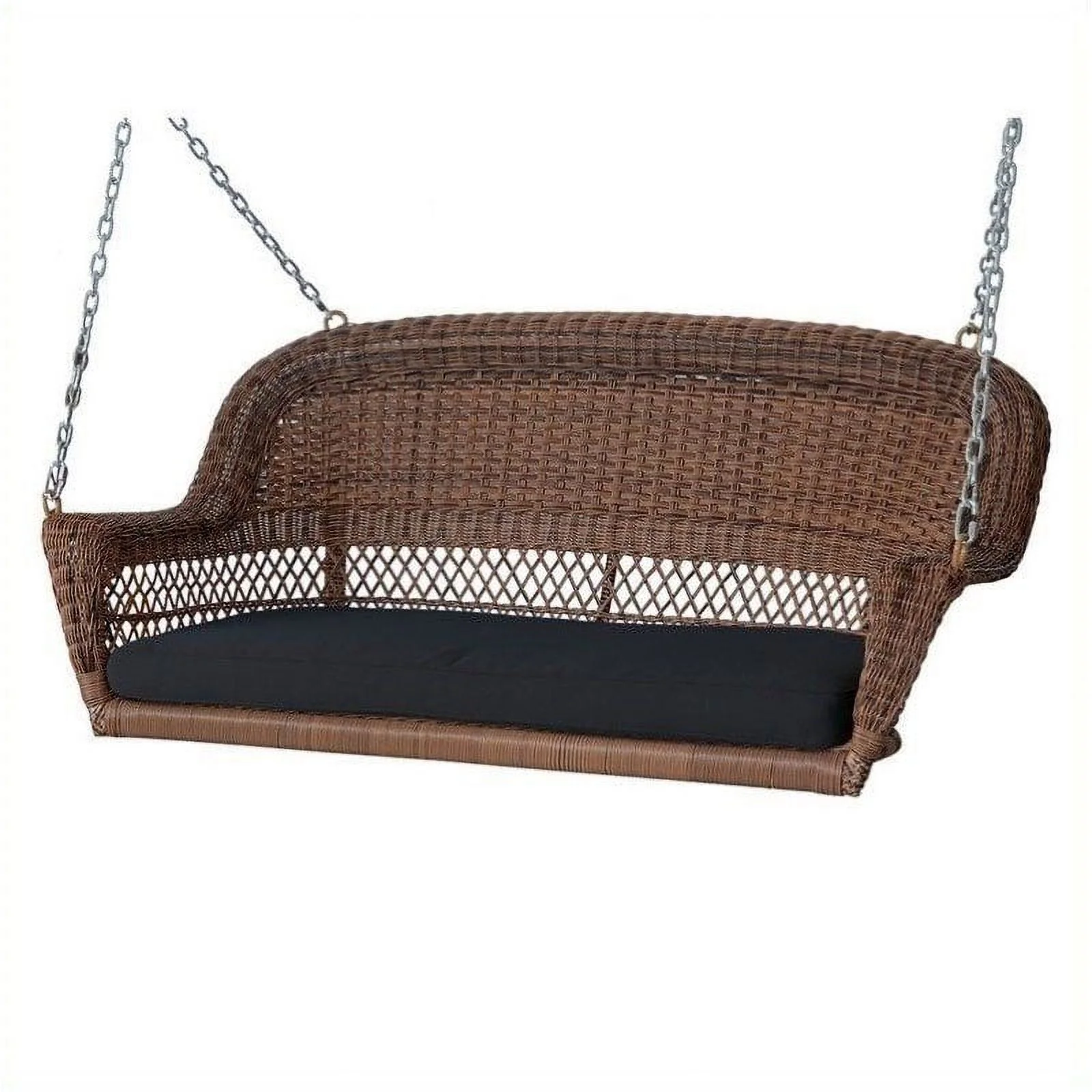 Pemberly Row Honey Wicker Porch Swing with Black Cushion