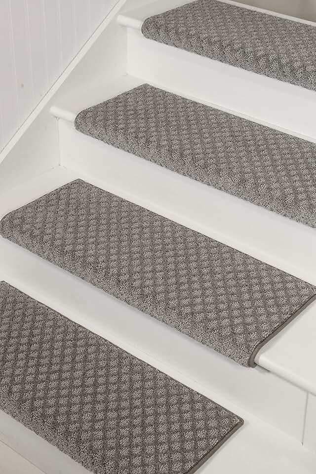 Oak Valley Designs™ Rounded Bullnose Carpet Stair Treads - Anti Slip Indoor Stair Mats for Wooden Steps, Style: Bayside Charm, Grey, 27