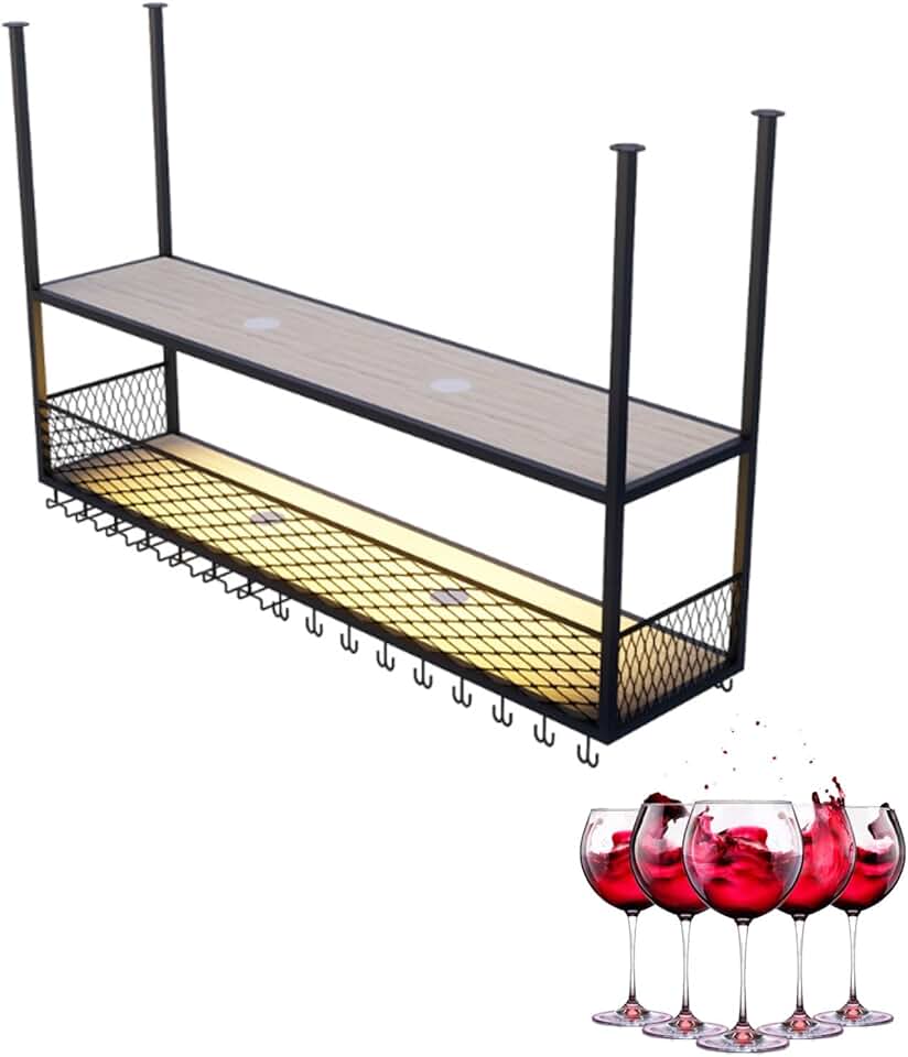 Metal Wine Rack Hanging Modern Goblet Display Storage 2-Tiers Iron Wine Shelf With Wine Glass Holder Industrial Floating bar bottle display shelf With Lights Wine Glass Storage Racks for Bars Kitchen(