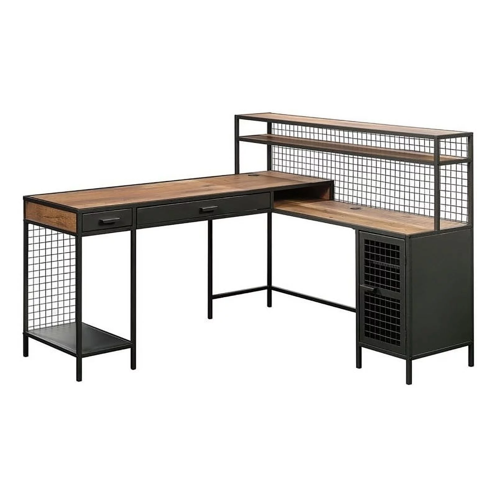 Pemberly Row Mid-Century Metal L-Shape Computer Desk in Vintage Oak