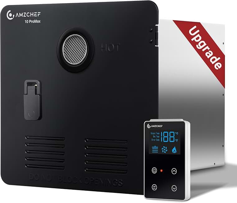 AMZCHEF RV Tankless Water Heater Propane 65,000BTU Max 3.9GPM RV Instant Water Heater with 15“*15” Black Door with Remote Controller Included - Endless Hot Water for RV DC 12V Power