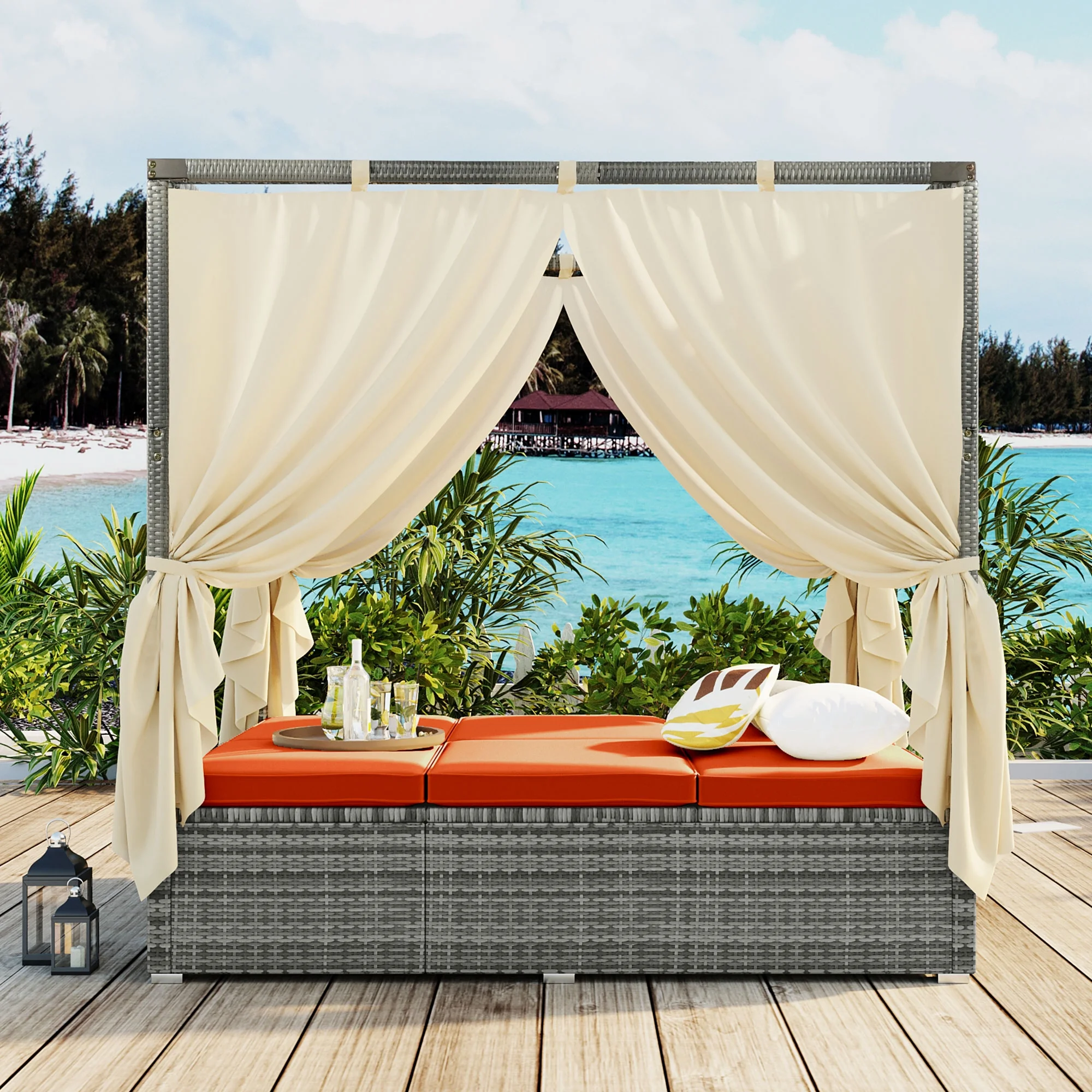 Outdoor Daybed with Canopy and Cushions, Steel Patio Wicker Sunbed with Side and Overhead Curtain, Adjustable Sun Bed for Balcony Garden Backyard Poolside,Orange
