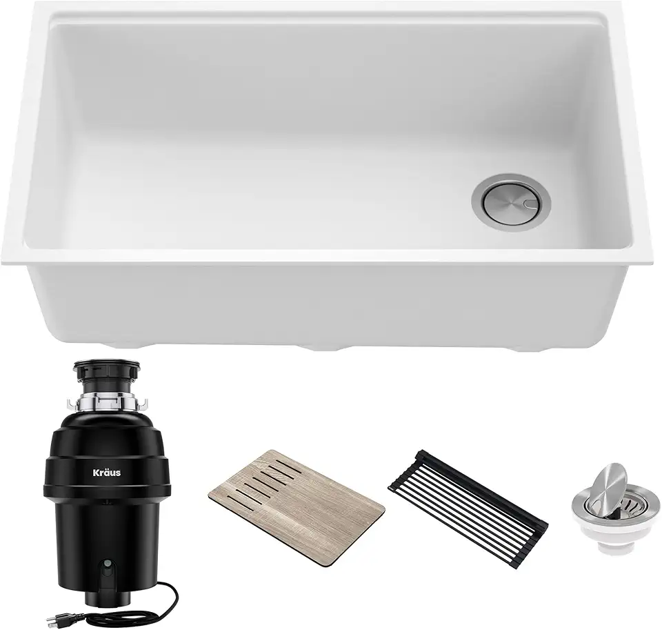 Kraus KGUW1-33WH-100-100, Bellucci Workstation 32 in. Undermount Granite Composite Single Bowl Kitchen Sink in White with WasteGuard 1 HP Continuous Feed Garbage Disposal and Accessories