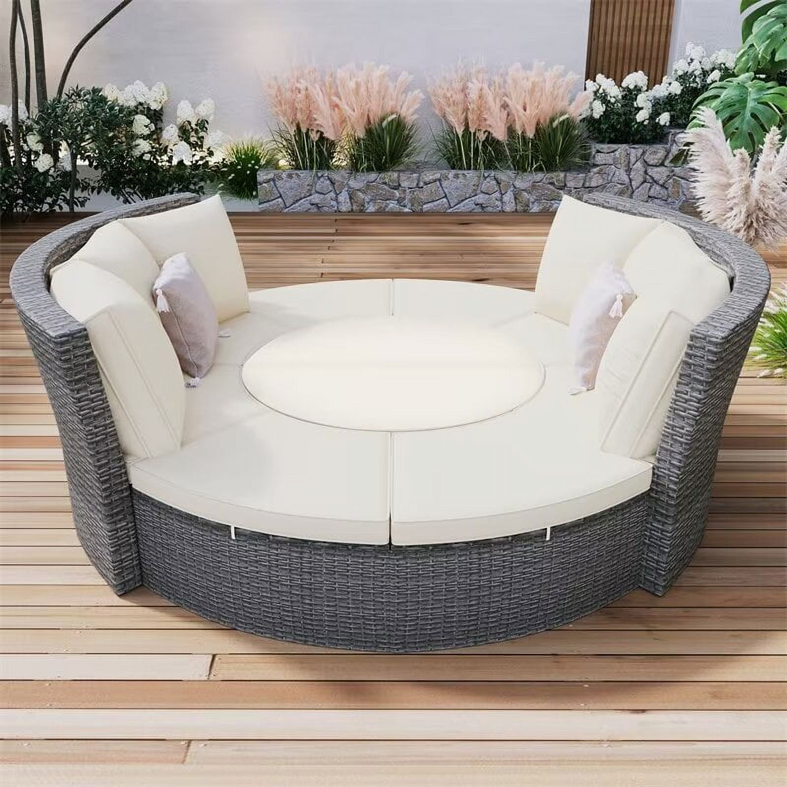 Patio 5-Piece Round Rattan Sectional Sofa Set, All-Weather PE Wicker Sunbed Daybed with Round Liftable Table and Washable Cushions for Outdoor Backyard Poolside, Beige