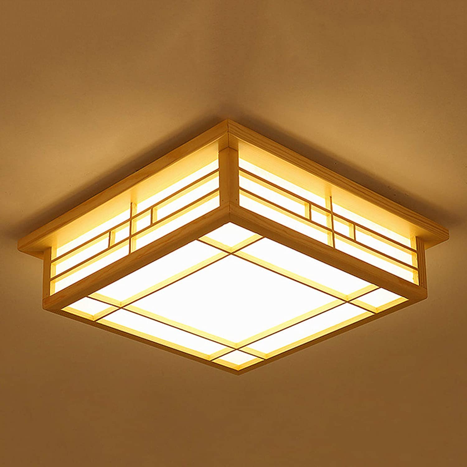 Japanese Style Square Wood Ceiling Light Fixture With Led Lamps, 110V Remote Control Dimmer Light Perfect For Bedroom, Living Room, Dining Room, And Kitchen (45X45Cm)