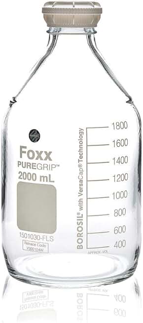 Foxx Life Sciences 1501030-FLS PUREGRIP Borosilicate Glass 3.3 Reagent Bottle with GL45 Screw Cap and Pouring Ring, Graduated, Clear, 2L Capacity (Pack of 10)