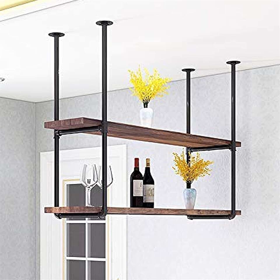 Wine Rack Wooden Wine Racks, Double Ceiling Storage Rack, Hanging Wine Rack and Bottle Rack, Loft Wrought Iron Retro Bookshelf, Wall-Mounted Home Decoration