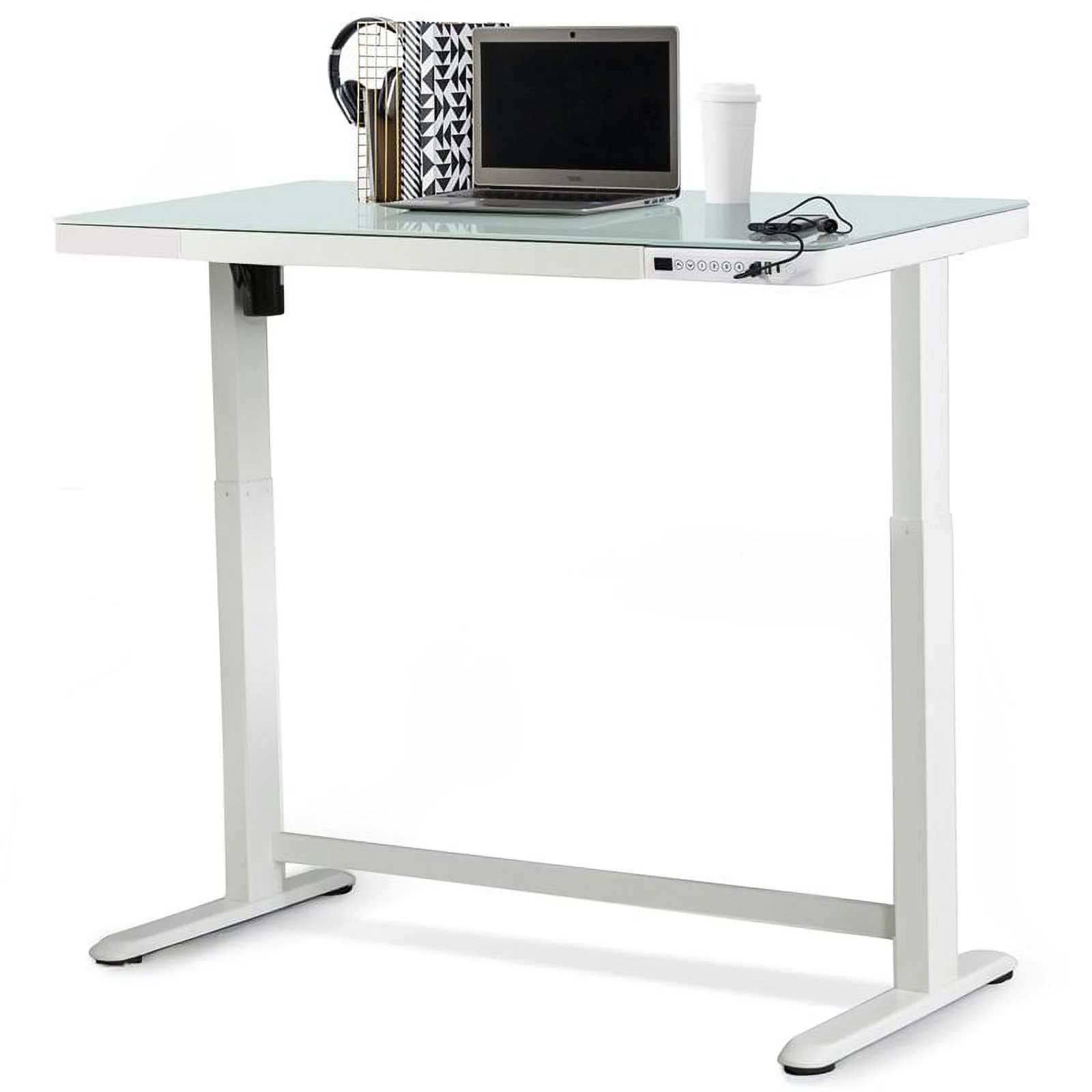 Pemberly Row Electric Glass Top Standing Desk in White and Gray