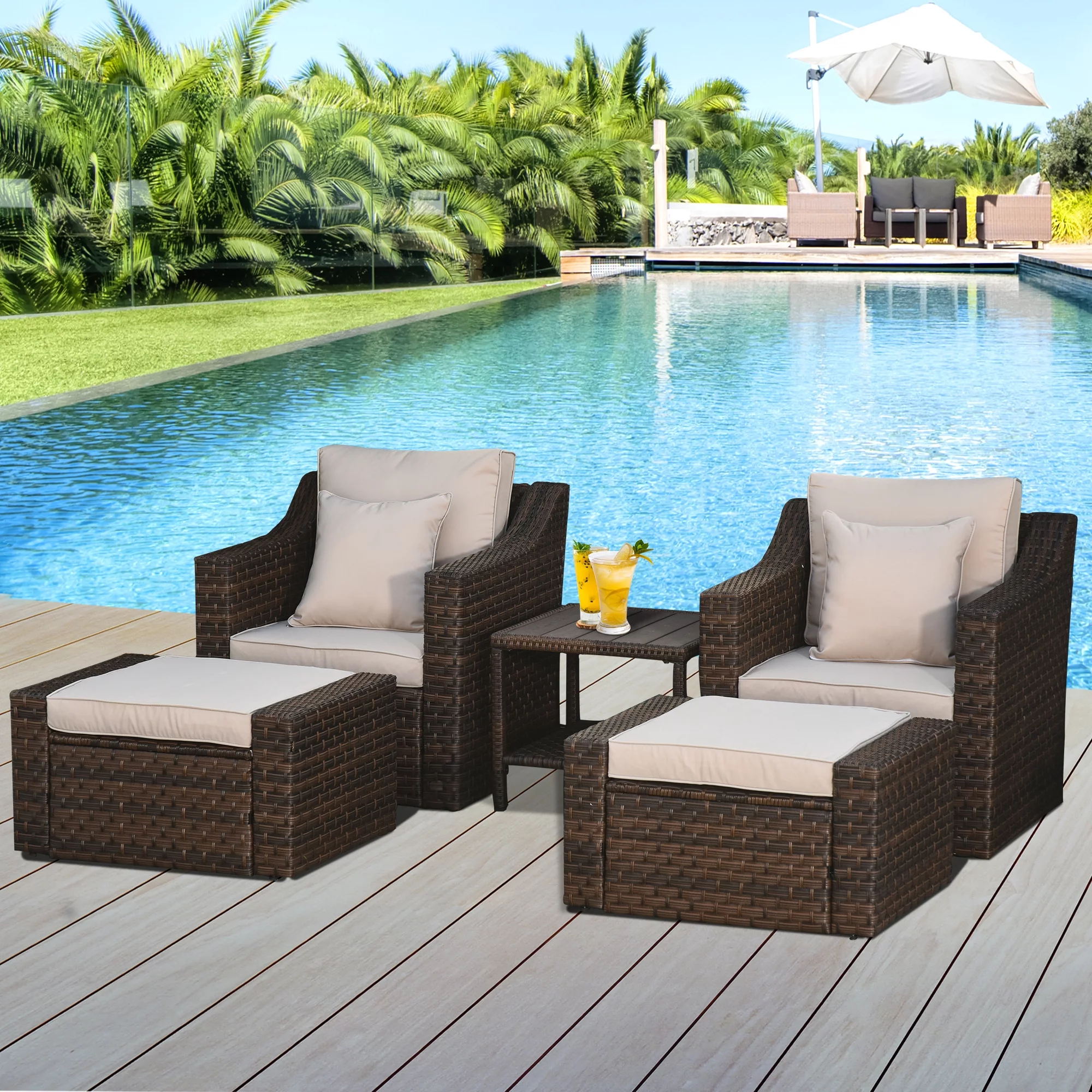 Outsunny 5 Piece Patio Furniture Set, Chairs, Ottoman, Coffee Table, Beige
