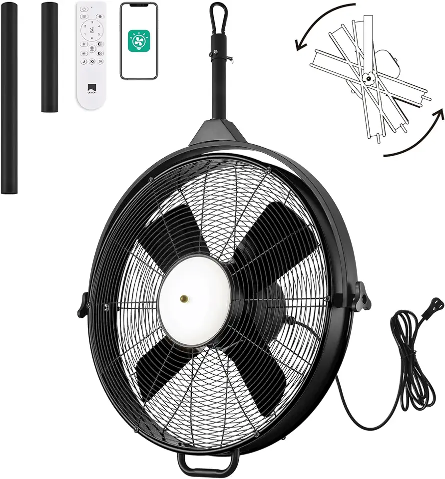 Orison 24.8'' Waterproof Outdoor Ceiling Fan, 6 Speed Ceiling Mounted Plug-In Cord Garage Fan with Remote&APP, 360-degree Manual Vertical Rotation, Hook hanging for Gazebo, Patio, All black