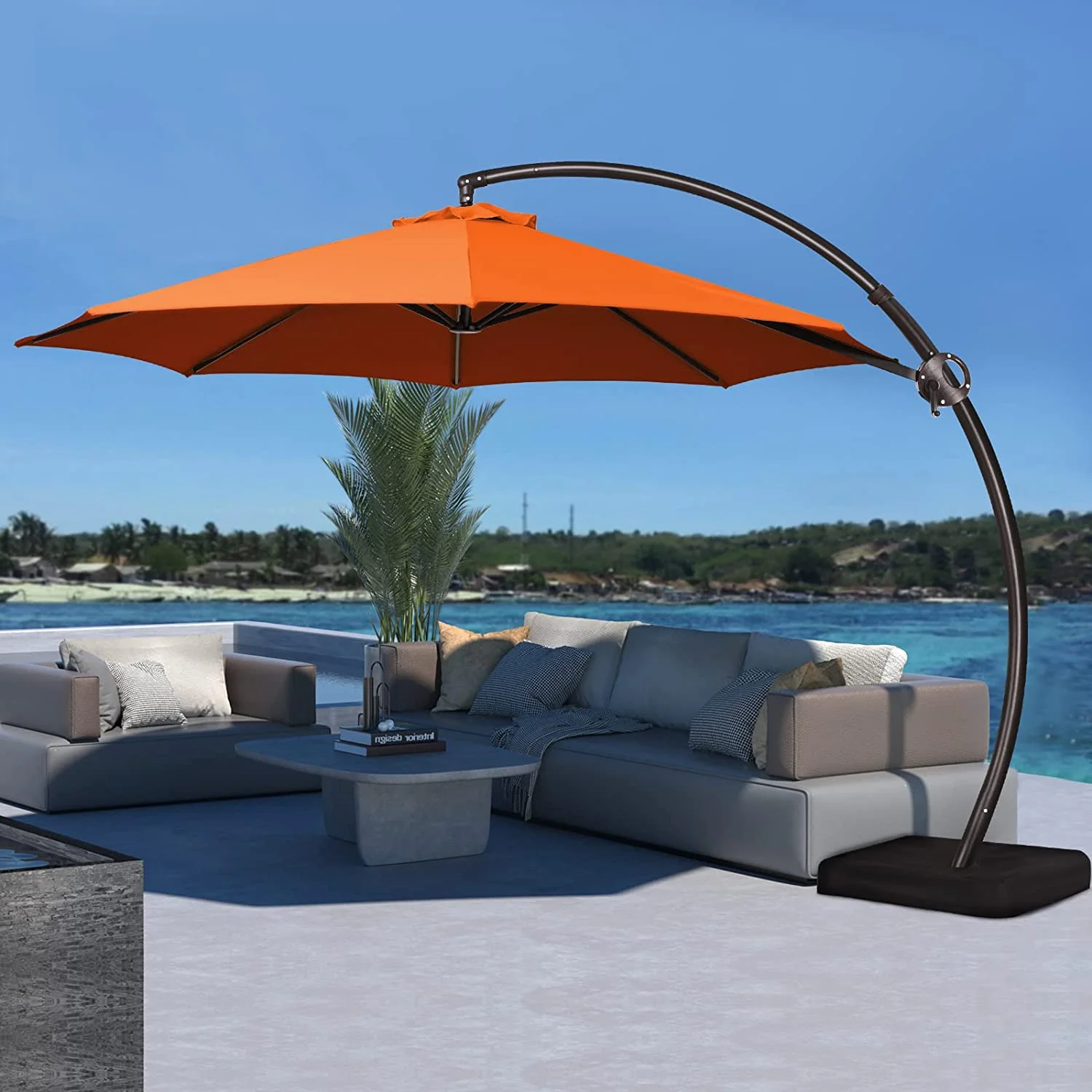 JEAREY 12FT Curvy Cantilever Patio Umbrella Large Outdoor Umbrellas Offset Hanging Umbrella Heavy Duty Sun Umbrella with Sandbag Base,Orange