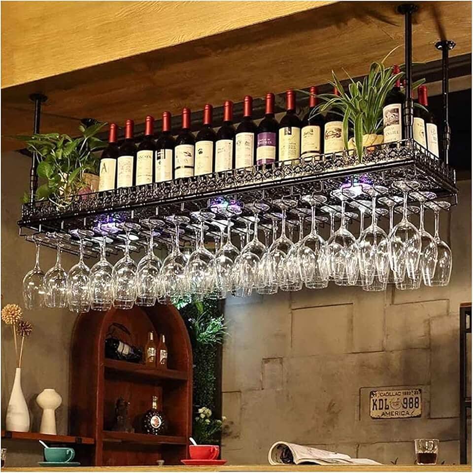 Wine Rack Wall Mounted - Wall-Mounted Wine Racks, Double Layers Ceiling Decorating Shelf, Adjustable Height, Wine Bottle and Wine Glass Holder, Red Wine Color