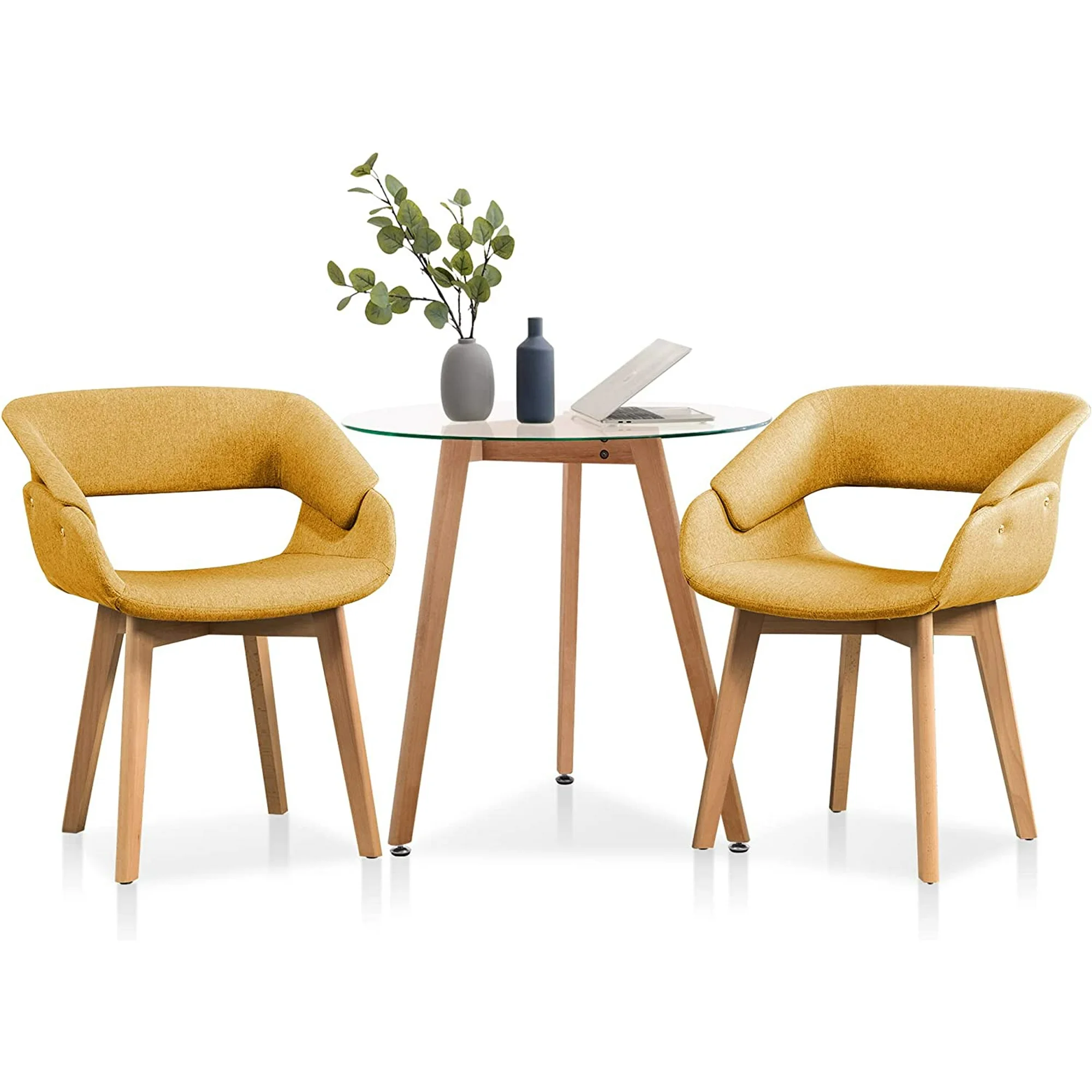 Ivinta Small Dining Table Set for 2, Round Glass Table with Two Yellow Upholstered Fabric Chairs