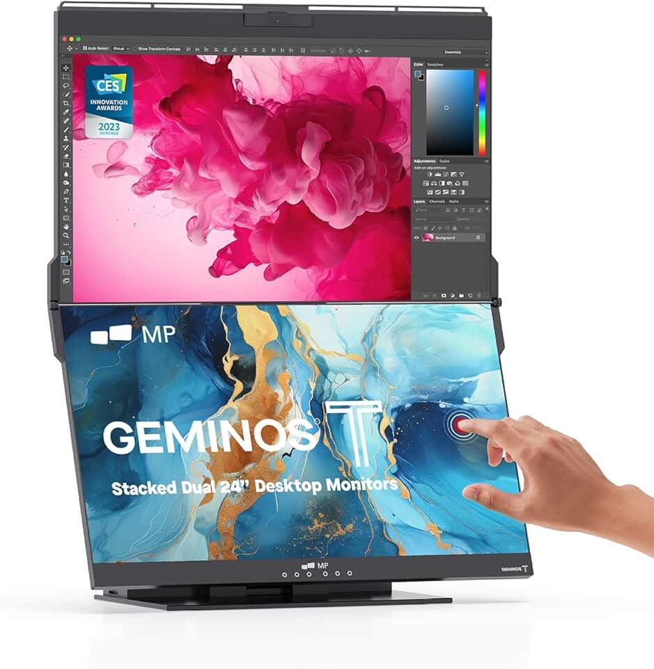 Mobile Pixels Geminos T (2 x 24 inch) Dual Stacked Touchscreen with All-inclusive Workstation, 65W USB-C Charging Computer Monitor, 1080P Webcam&Speakers, USB-A/USB-C/HDMI, Ergo Design (2 Monitors)