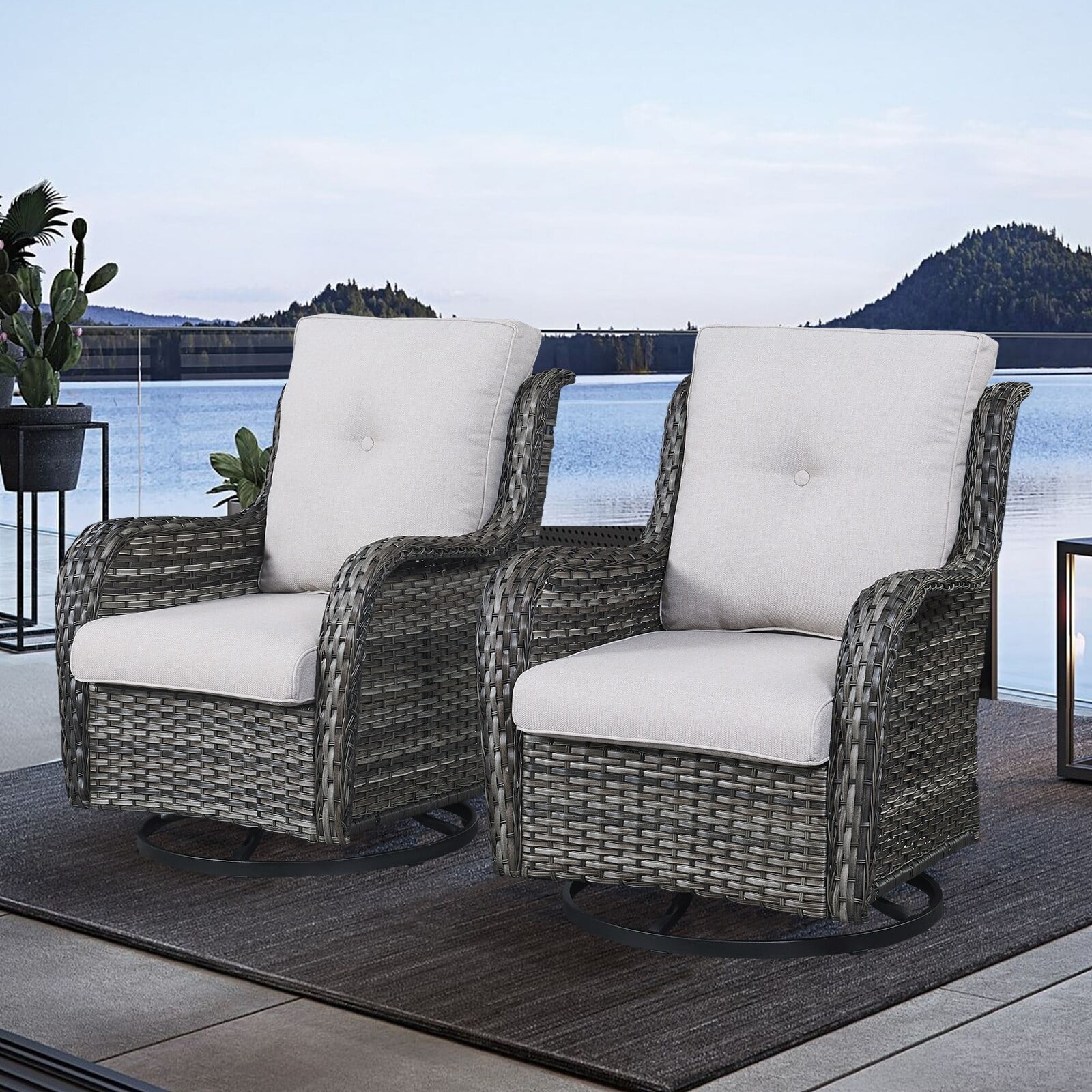 Outdoor Wicker Rocking Lounge Chairs with Swivel Base (Set of 2) Grey-Beige