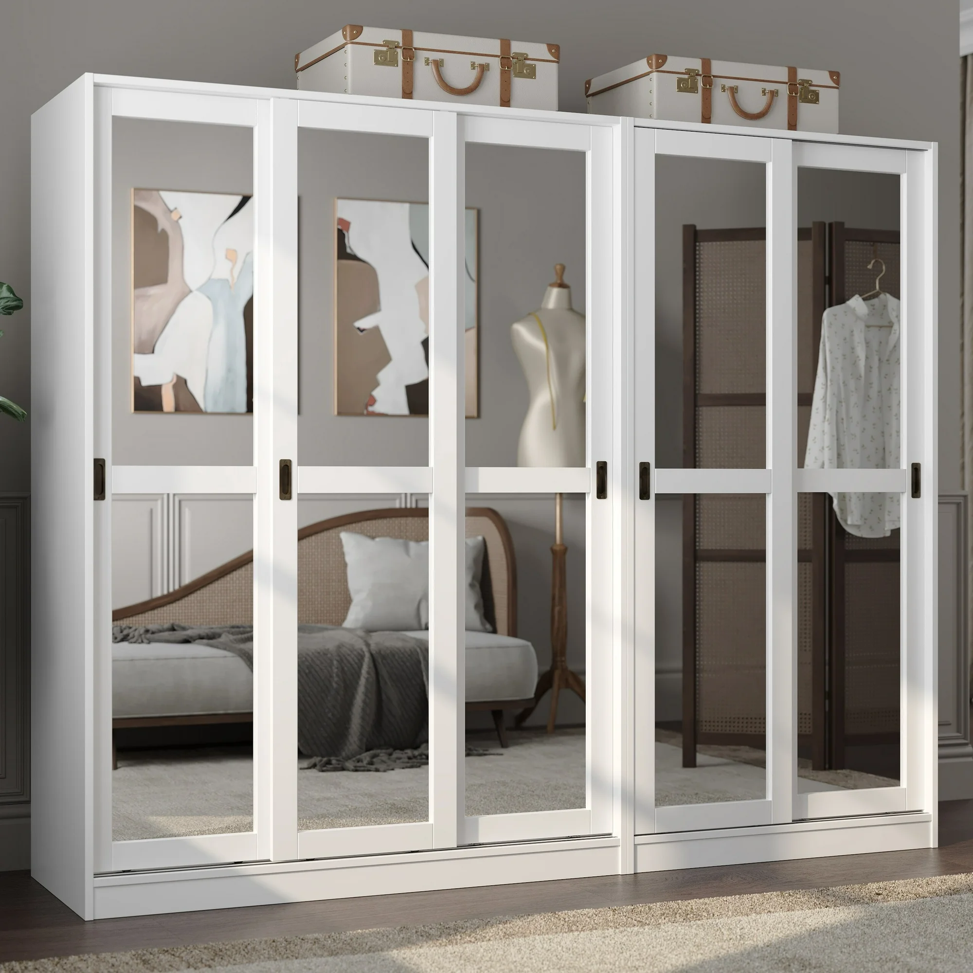 Palace Imports  100% Solid Wood Wall Closet System of Wardrobe Armoires with Mirrored, Louvered or Raised Panel Sliding Doors 88