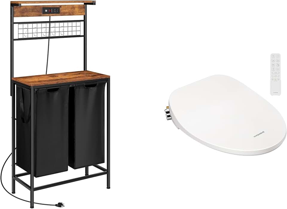 VIVOHOME Laundry Hamper with Power Outlet, Laundry Basket 2 Section, Laundry Sorter with Hooks, Shelf with VIVOHOME Smart Heated Bidet Toilet Seat with Remote Control, Self-Cleaning Dual Nozzles