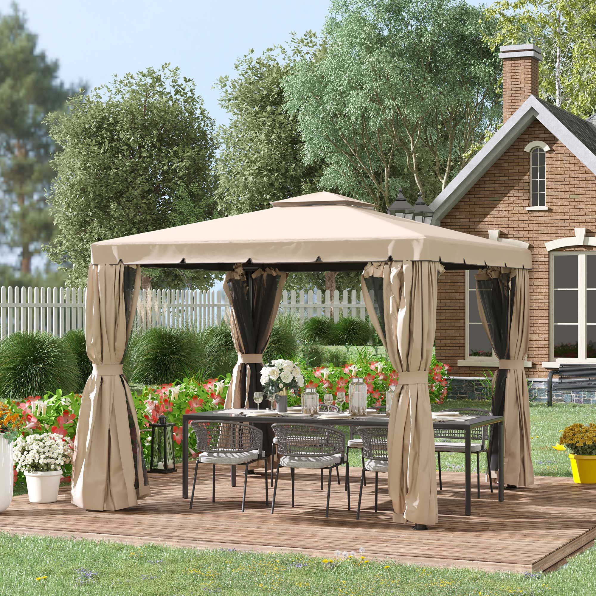 Outsunny 10âx10â Patio Gazebo w/ Polyester Curtains & Netted Screens, Khaki