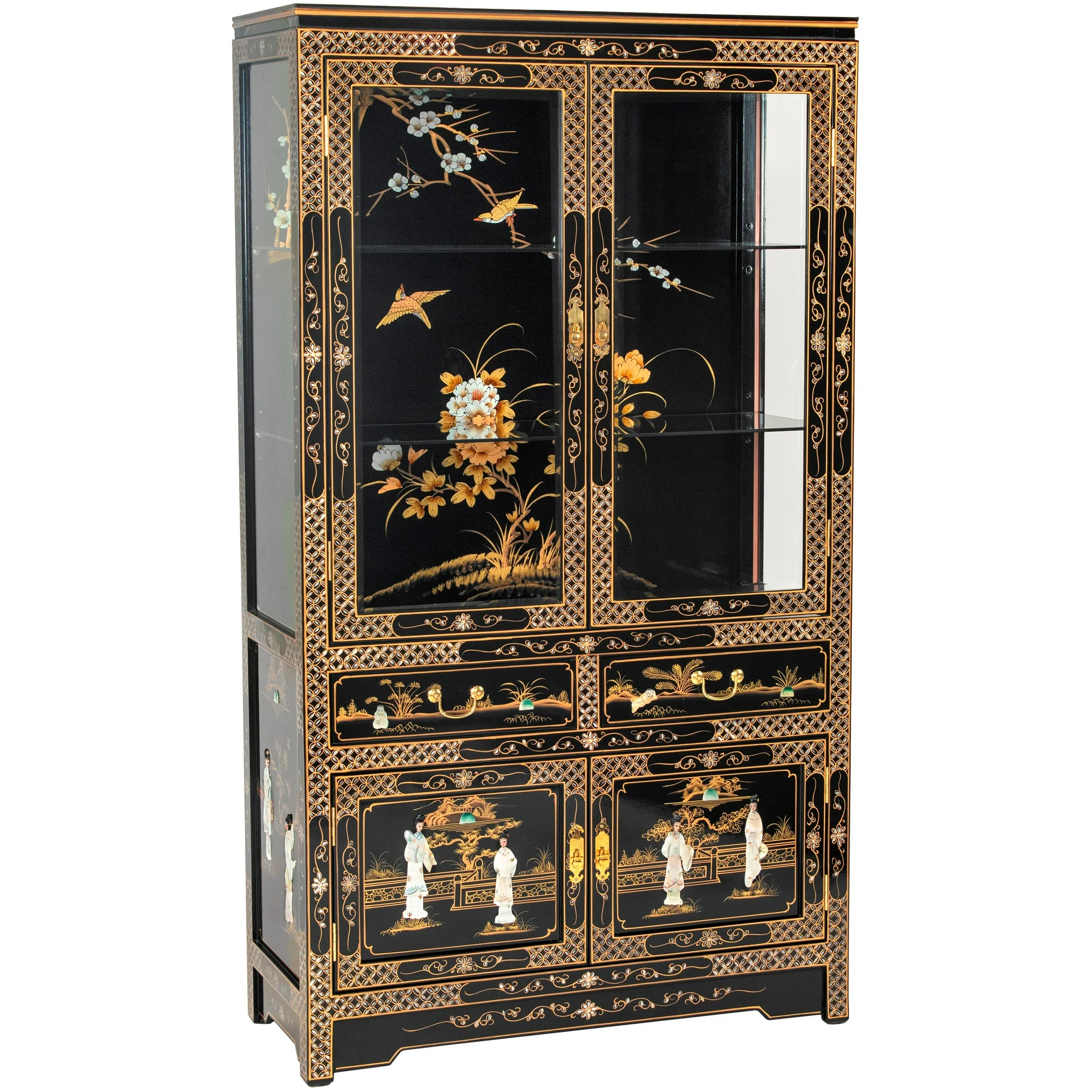Oriental Furniture Black Lacquer China Cabinet - Royal Ladies