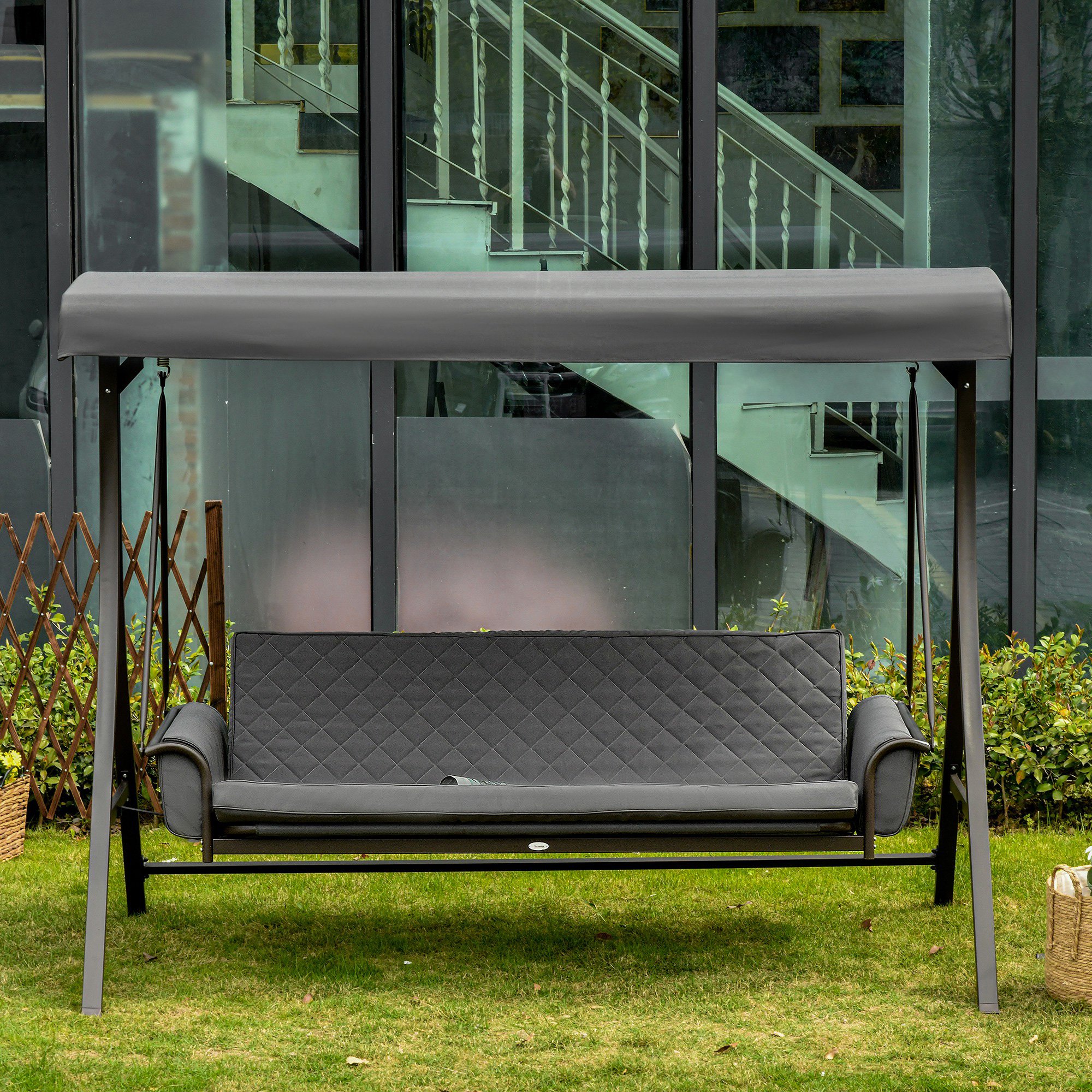 Outsunny Patio Swing Chair Converting Flatbed with Adjustable Canopy, Gray