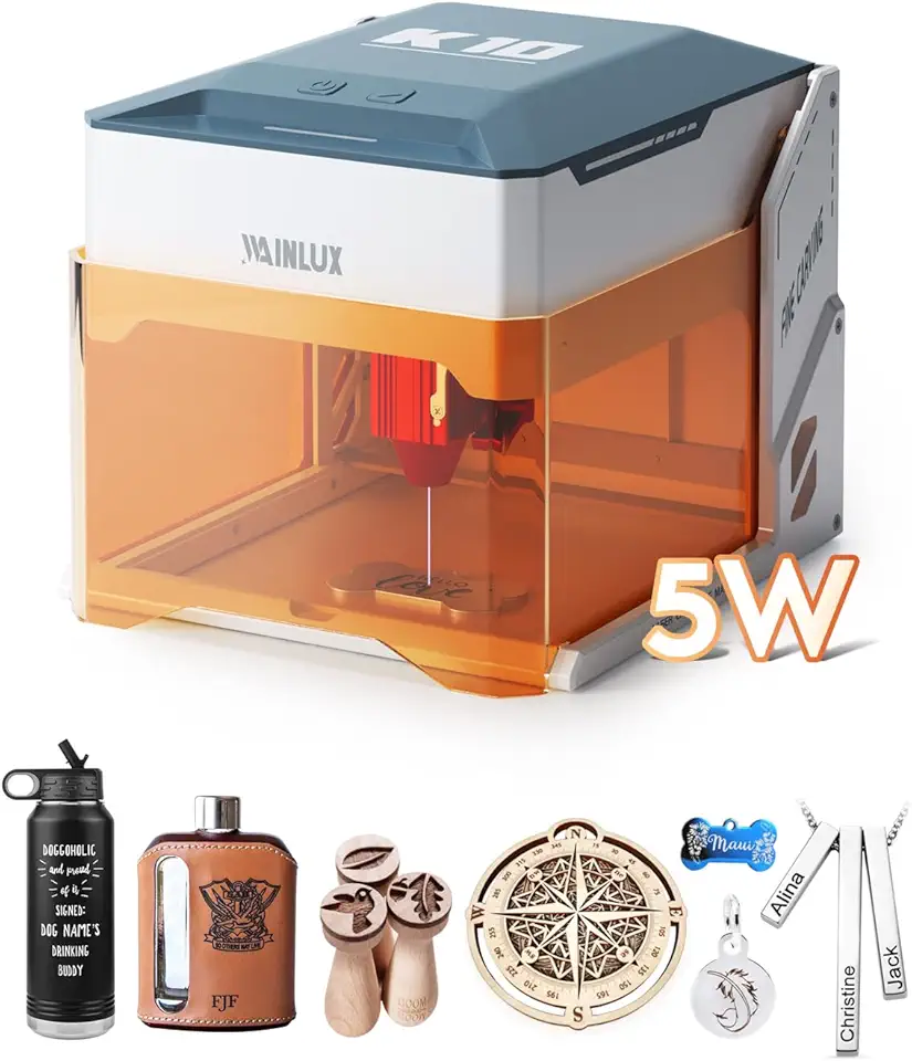 WAINLUX K10 5W Laser Engraver Machine, Portable 5000mW Laser Engraver and Cutter Machine for Wood Leather Metal Silicone Paper Glass Cloth,Class 1 for DIY Supports Win/Mobile System/Offline Class1