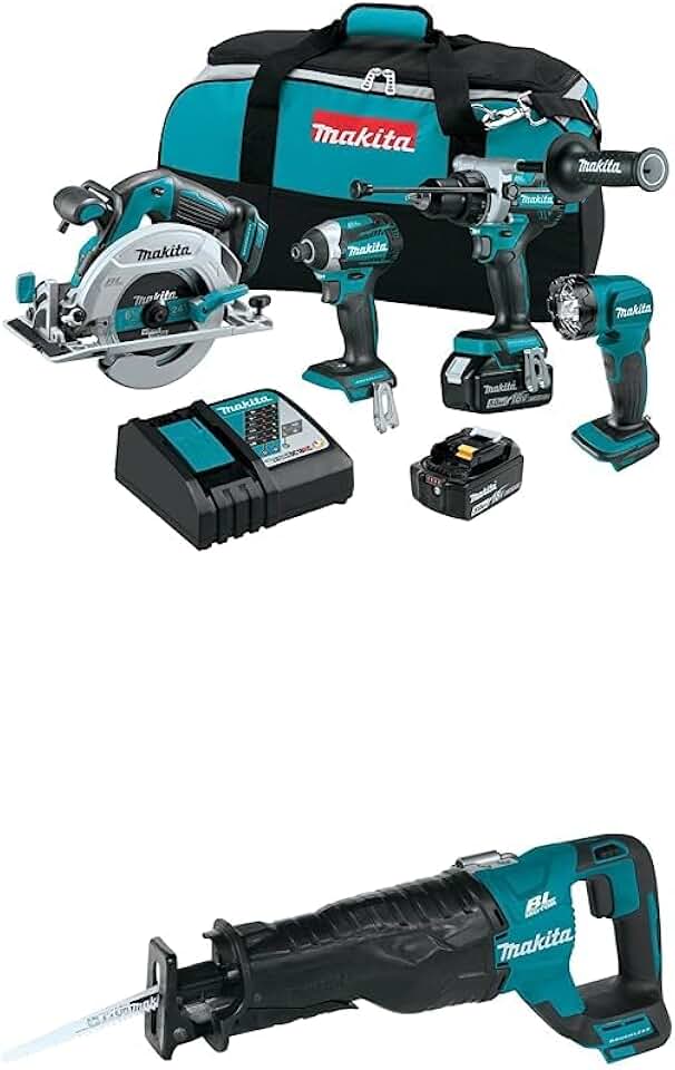 Makita XT452T 18V LXT® Lithium-Ion Brushless Cordless 4-Pc. Combo Kit (5.0Ah) with Makita XRJ05Z 18V LXT Lithium-Ion Brushless Cordless Recipro Saw, Tool Only