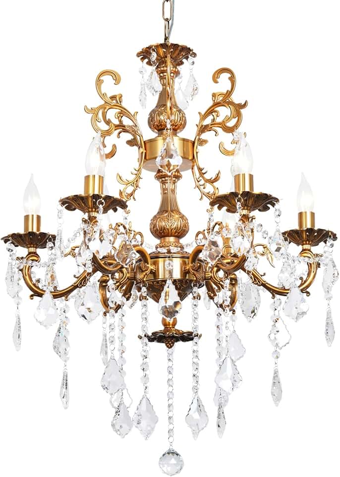 Crystal Chandelier Lighting Modern, Antique Gold Farmhouse Chandeliers 6-Light Crystal Candle Chandelier Ceiling Hanging Light Fixture Entrance Bedroom Kitchen 23