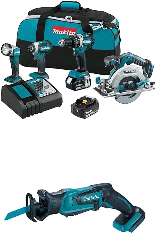 Makita XT446T 18V LXT Lithium-Ion Brushless Cordless Combo Kit (4 Piece) with Makita XRJ01Z 18-Volt LXT Lithium-Ion Cordless Compact Reciprocating Saw (Tool Only, No Battery), Bare Tool