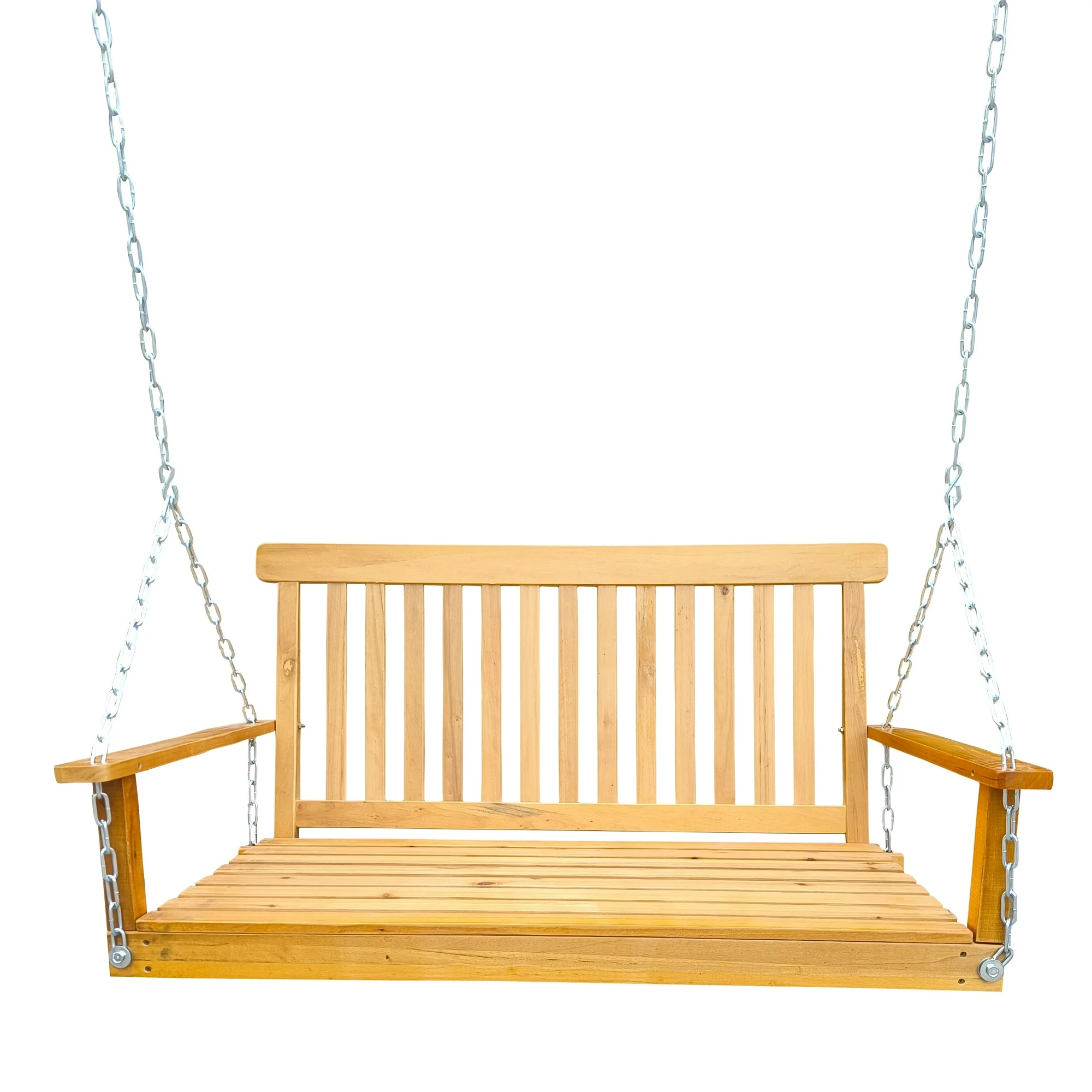 Outdoor Front Porch Swing, Wood Bench Swing with Armrests and Hanging Chains Tan