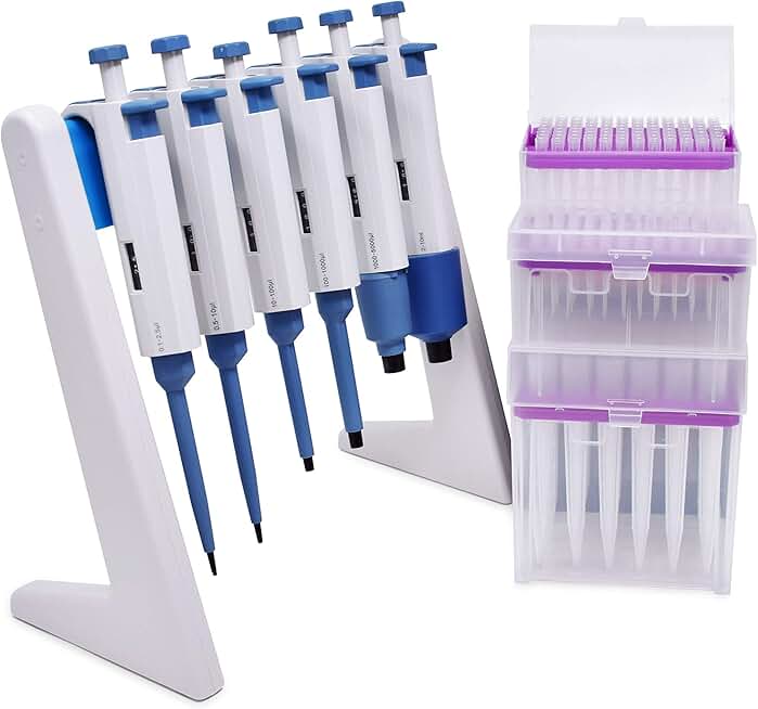 Complete 6 Micropipettes Kit 0.1μl to 10ml : 6 Pipettors (0.1-2.5μl, 0.5-10μl, 10-100μl, 100-1000μl, 1000-5000μl, 2-10ml); Pipette Stand; 5 Racks of Sterile Pipette Tips