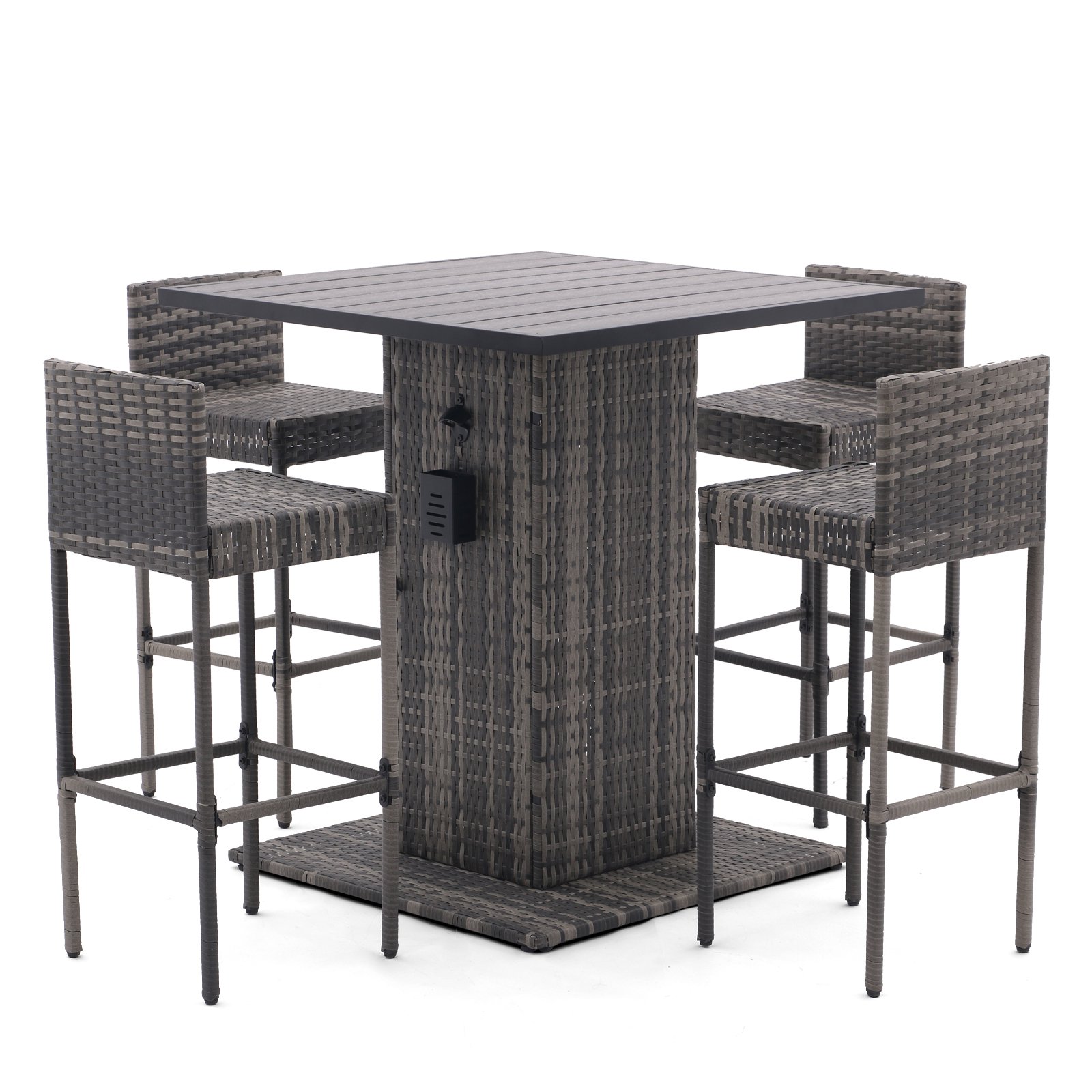 Outdoor Patio Bar Set, 5 Piece Wicker Furniture Set for Garden, Poolside, Grey