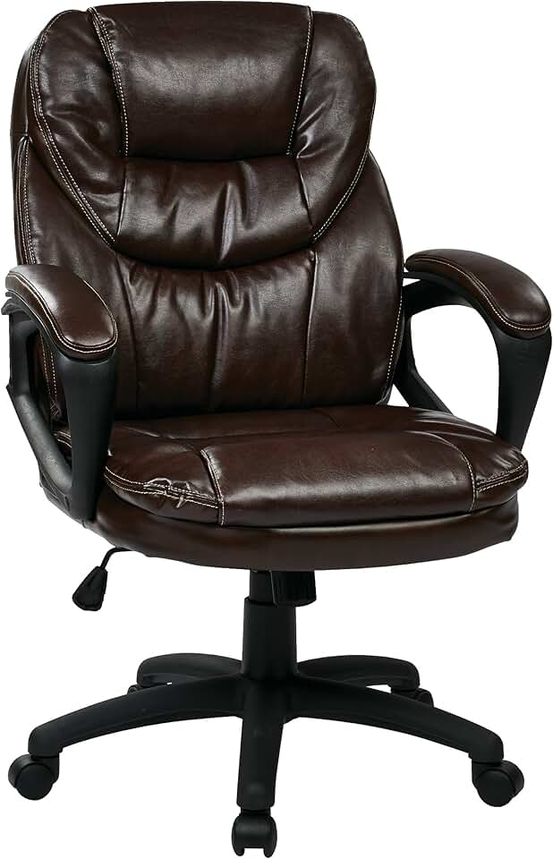 Office Star FL Series Faux Leather Manager's Adjustable Office Chair with Lumbar Support and Padded Arms, Chocolate
