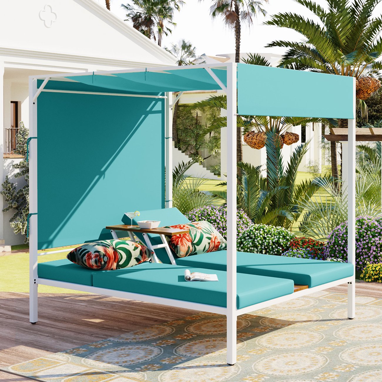 Outdoor Patio Sunbed Daybed With Cushions,Adjustable Seats ,Outdoor Daybed With Adjustable Sunshade Curtains, A Height-Adjustable Tabletopatio Chaise Lounge For Backyard, Garden, Poolside,Blue
