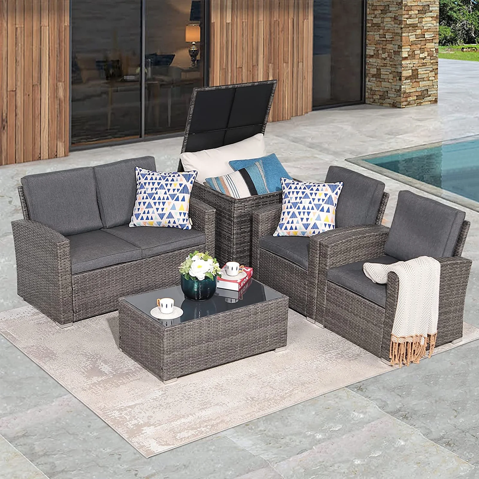 Patio Furniture Set, 5 Piece PE Wicker Outdoor Sectional Conversation Sofa Set with Storage Box, Grey Rattan Loveseat Couch Sofa and Tempered Glass Table, Dark Grey Cushions