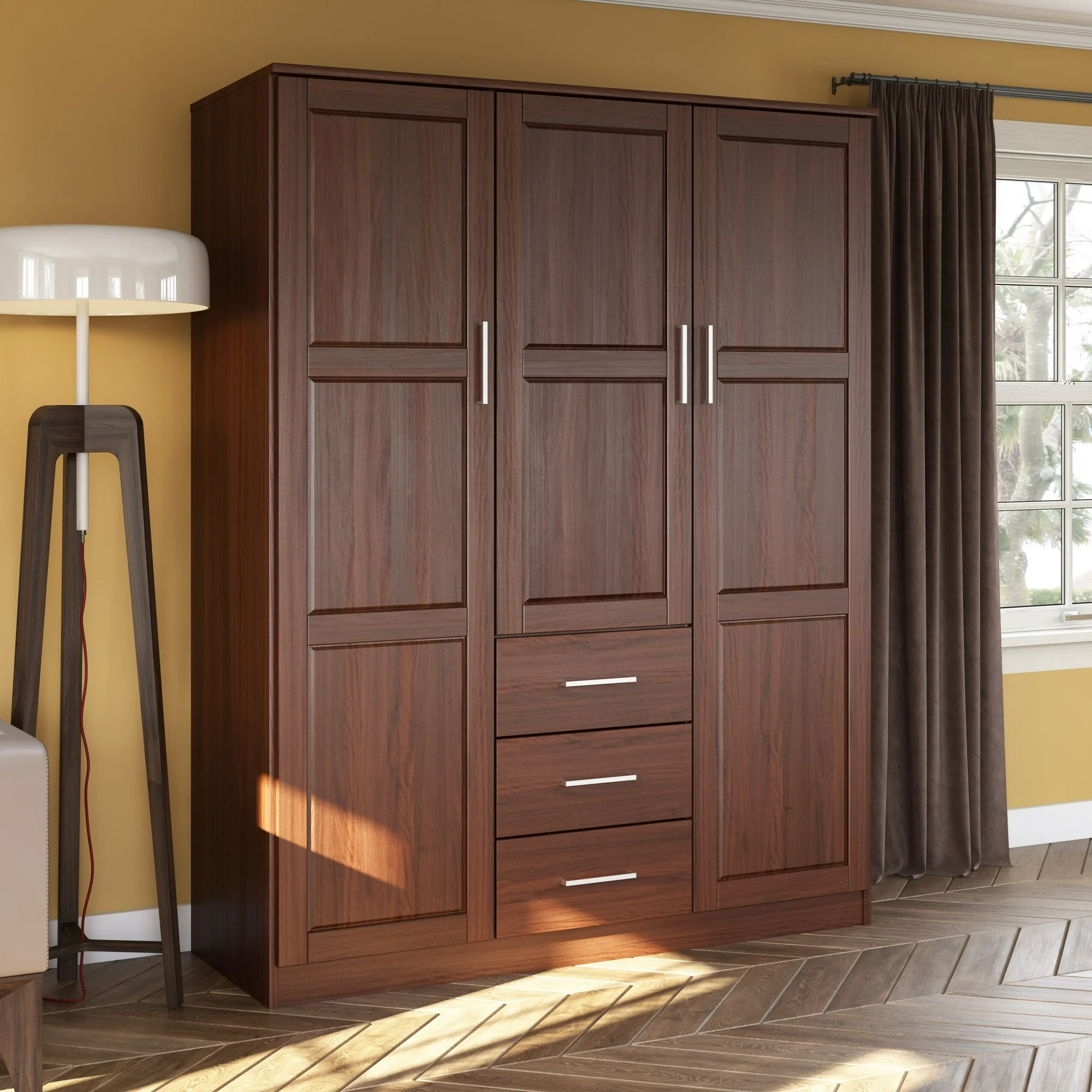 Palace Imports, Inc. Palace Imports 100% Solid Wood Cosmo 3-Door Wardrobe Armoire with Solid Wood or Mirrored Doors Mocha-Raised Panel