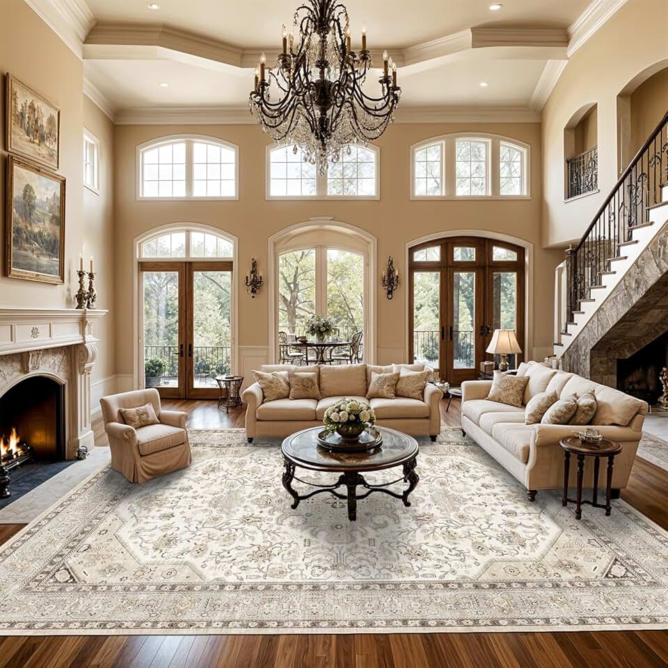 Living Room Area Rugs 10x14: Extra Large Area Rug Super Soft Distressed Oriental Rugs with Non-Slip Backing - Thin Stain Resistant Indoor Rug - 10x14 Ivory