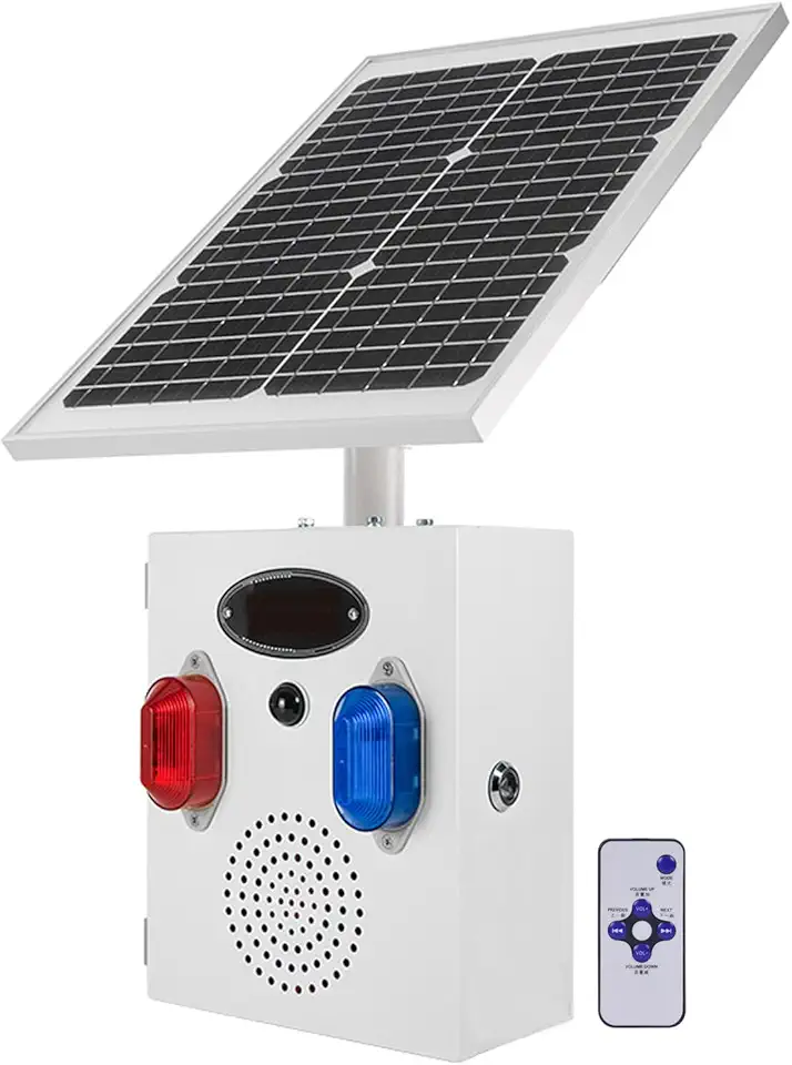 Solar Motion Sensor Alarm Outdoor Waterproof Motion Detector Sirens with Red and Blue Strobe Light, 120dB Horn 17 Tones Adjustable Microwave Infrared Induction Alarm System SLA-TYN02