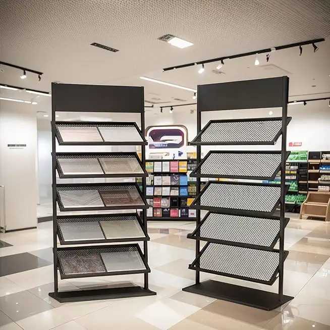 2 Pack Tile Sample Tile Display Rack Collectibles Display Shelf Black Metal Tile Display Stand Standing Stone Display Rack Rock Display Shelf 5 Tier Retail Rack For Tile Wood Floor Craft Shows