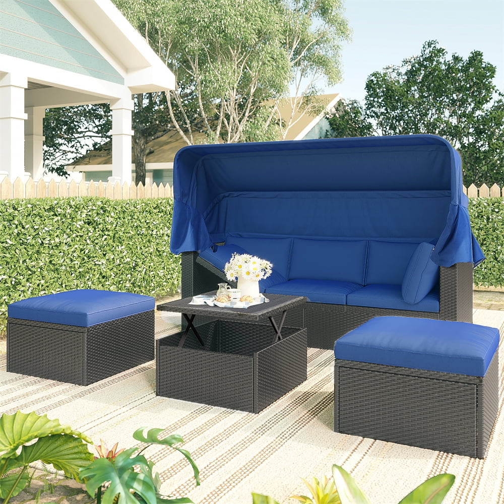 Outdoor Rectangle Daybed, All-Weather Wicker Patio Conversation Set, Rattan Sectional Sofa Multifunctional Sun Bed with Lift Table Recliner Couch and Retractable Canopy, for Backyard, Porch, Blue